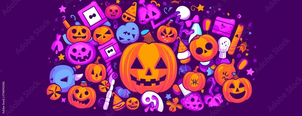 a bunch of halloween pumpkins with faces and other items around them on a purple background with stars and a purple background..