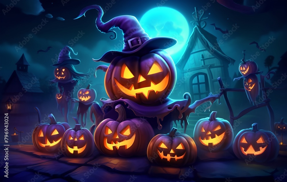 a group of pumpkins with a full moon in the background and a full moon in the background, all lit up.. a group of pumpkins with a full moon in the background and a full moon in the background, all lit up..