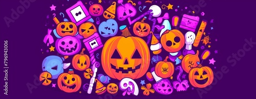 a bunch of halloween pumpkins with faces and other items around them on a purple background with stars and a purple background..