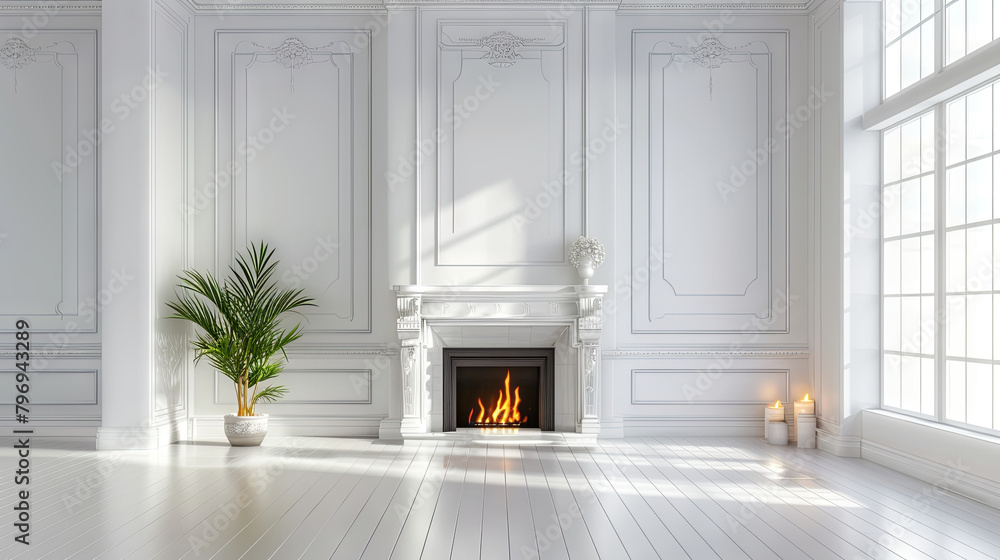 A softly lit, inviting space enveloped in tranquil white shades, further enriched by the soothing ambiance of a crackling fireplace A softly lit, inviting space enveloped in tranquil white shades, further enriched by the soothing ambiance of a crackling fireplace