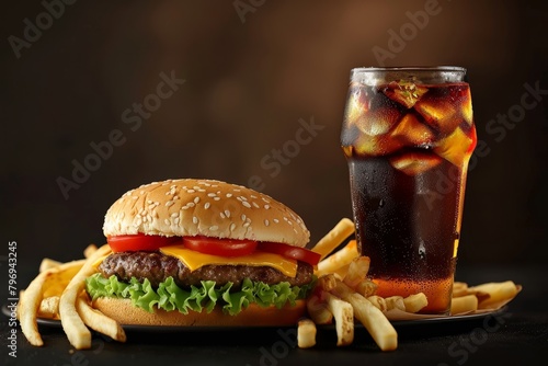 Delicious fast food meal with burger, fries, and soda
