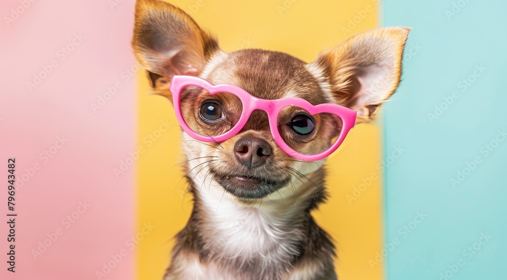 Adorable chihuahua wearing pink glasses