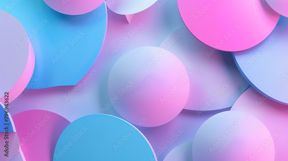 3D rendering of a colorful abstract background with randomly arranged spheres. Pastel colors of pink, blue, and purple. Soft and smooth shapes.