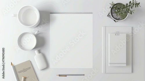 White office desk with supplies. Workspace with blank notebook, pencil, pen, coffee cup, plant, and lotion. Top view, flat lay. photo