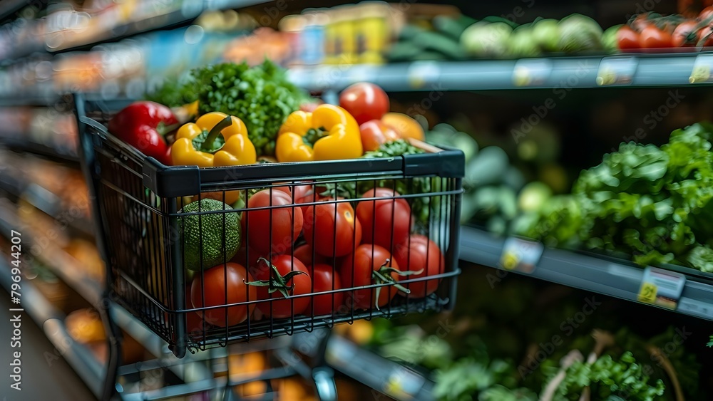 Navigating the supermarket aisle with a filled grocery cart of fresh produce. Concept Grocery Shopping, Fresh Produce, Supermarket Aisle Navigation