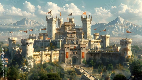 Medieval Fortress: Castle Walls, Towers, Drawbridge, and Royal Flags. Concept Medieval Fortress, Castle Walls, Towers, Drawbridge, Royal Flags, Historical Architecture photo