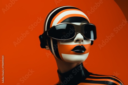 Futuristic fashion model with bold makeup and sunglasses