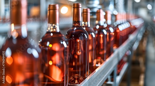 Line of bottling of red wine bottles on clean light factory with closeup view on the alcoholic drink bottle 
