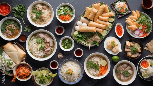 Assorted Vietnamese Pho, Warm up Your Taste Buds with a Selection of Pho, Spring Rolls, and Banh Mi in this Vietnamese Spread.