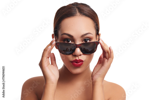 Studio, portrait and woman with sunglasses for fashion, makeup and beauty with mockup. Female model, cosmetics and red lips for self care by white background, cool and smooth results with backdrop