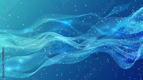 Blue abstract background with flowing light waves and glowing particles.
