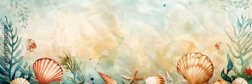 a painting of seashells and seaweed on a blue background with a watercolor effect of a painting of a seaweed and shells