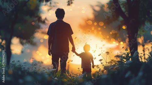 Man and Child Walking Through Forest at Sunset