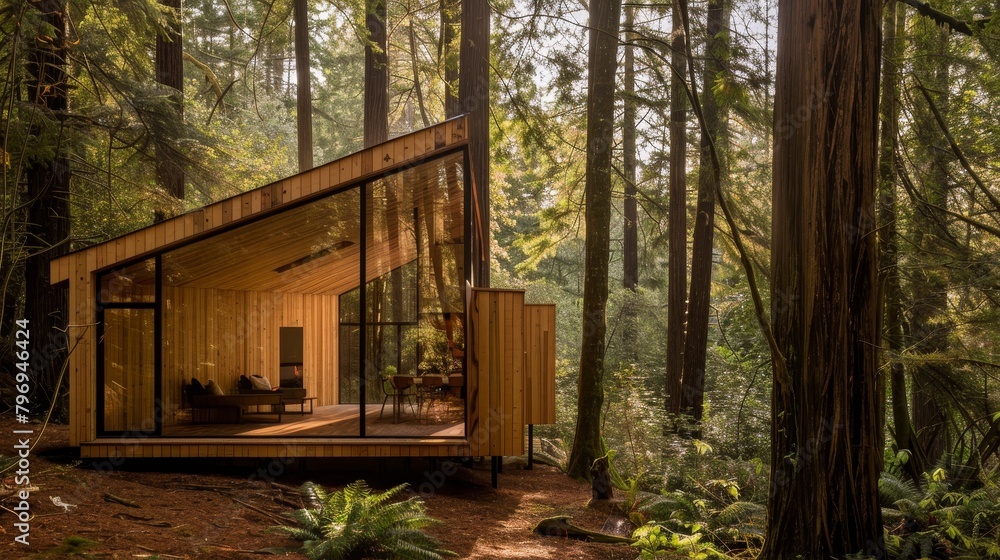 A weathered wooden cabin nestled amidst a summer forest with a stone path leading to its grassy yard