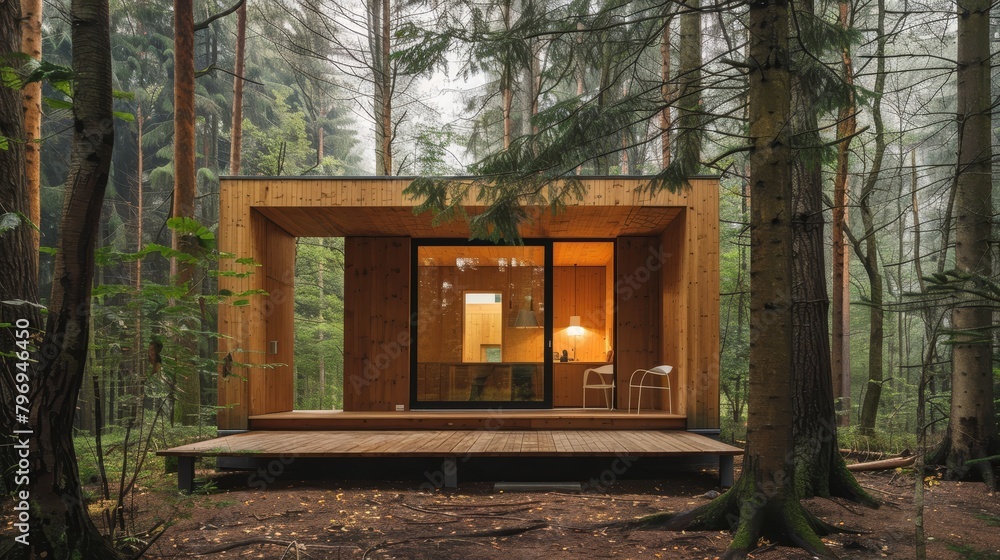 A weathered wooden cabin nestled among the trees in a rural landscape A weathered wooden cabin nestled among the trees in a rural landscape