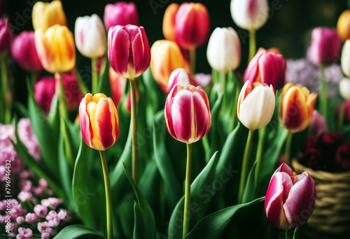 'Beautiful loved various colours ones tulips Background Flower Summer Nature Spring Floral Beauty Mothers day Green Color Plant Pink Colorful Beautiful Yellow Tulips Mother's day Blossom Bloom Bright'