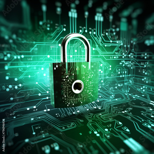 Data security lock with data symbols and network circuit stock photo