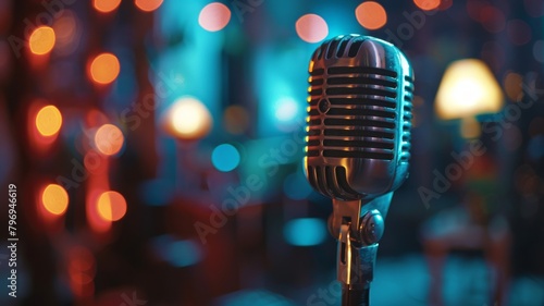 Microphone for live karaoke, concerts or stand-ups - retro microphone with a defocused abstract background