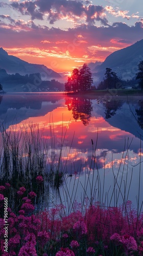 Stunning Sunset Over Lake With Pink Flowers