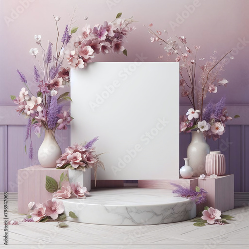 Elegant floral display with various vases of pink and purple flowers around a blank white board, set against a purple wall on a wooden floor.