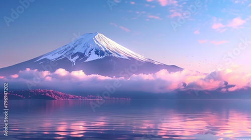 The image is a beautiful landscape of Mount Fuji in Japan. The mountain is covered in snow and is surrounded by a sea of clouds.