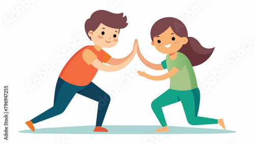 Siblings working together to master a challenging pose each offering support and encouragement to the other.