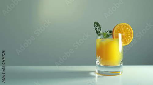 Fresh orange juice in a glass with a slice of orange and a sprig of mint on a white table.