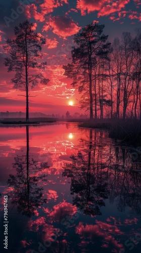 Sun Setting Over Lake and Trees © olegganko