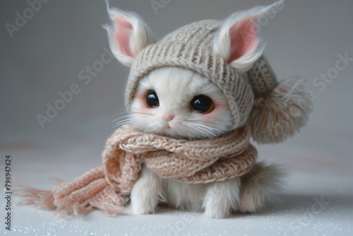 Cute animal figurine dressed in winter attire. Generative AI image photo