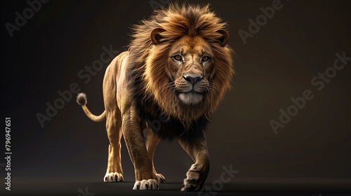 Male lion walking towards the camera with a determined look in its eyes.