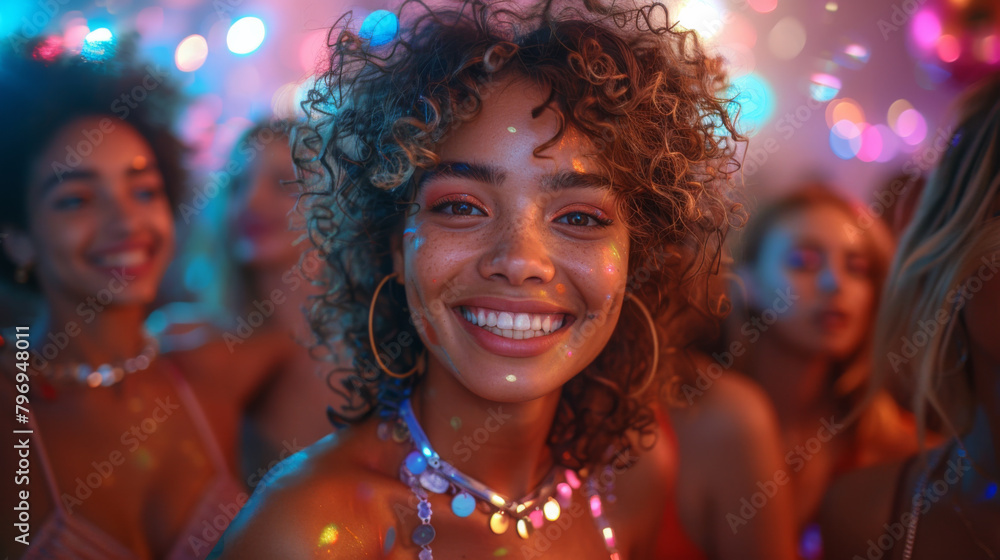 Portrait of a young woman dressed in retro clothes. Happy African American woman enjoying a party. Concept of fun, holiday.