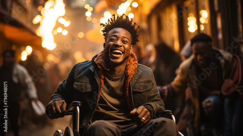 Joyful African American man in a wheelchair celebrating at night, surrounded by vibrant lights. Exuberant Man in Wheelchair Enjoying Nightlife, party