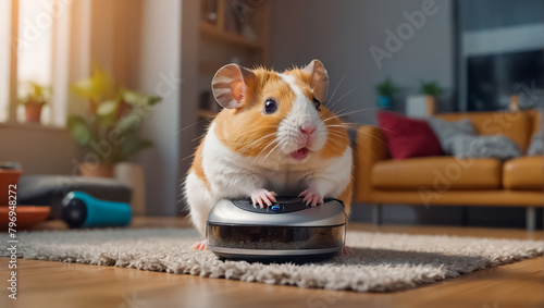 Cute guinea pig, robot vacuum cleaner at home