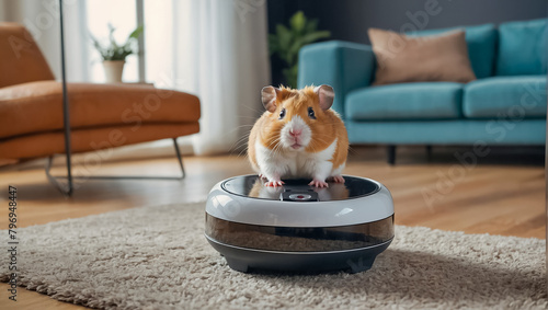 Cute fluffy guinea pig, robot vacuum cleaner at home