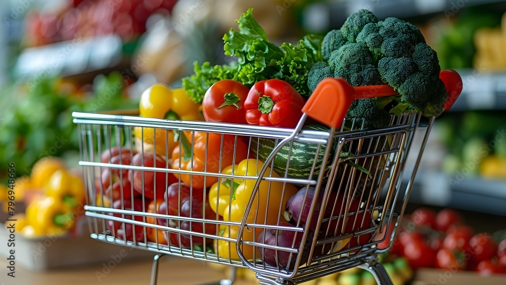 Visual representation of food product prices in a supermarket shopping cart. Concept Supermarket Pricing, Shopping Cart Visuals, Food Product Prices, Retail Store Displays