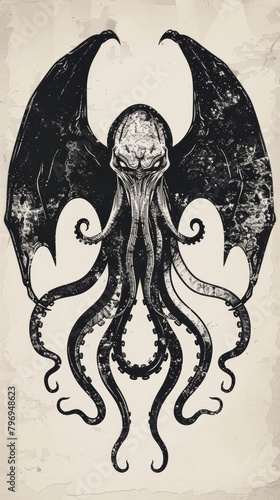 Vintage style illustration of mystical cthulhu creature photo