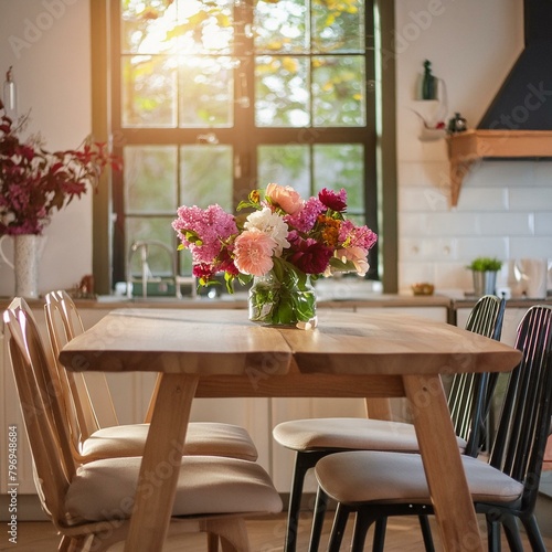 the charm of a sunlit kitchen, where a wooden table adorned with vibrant flowers takes center stage 