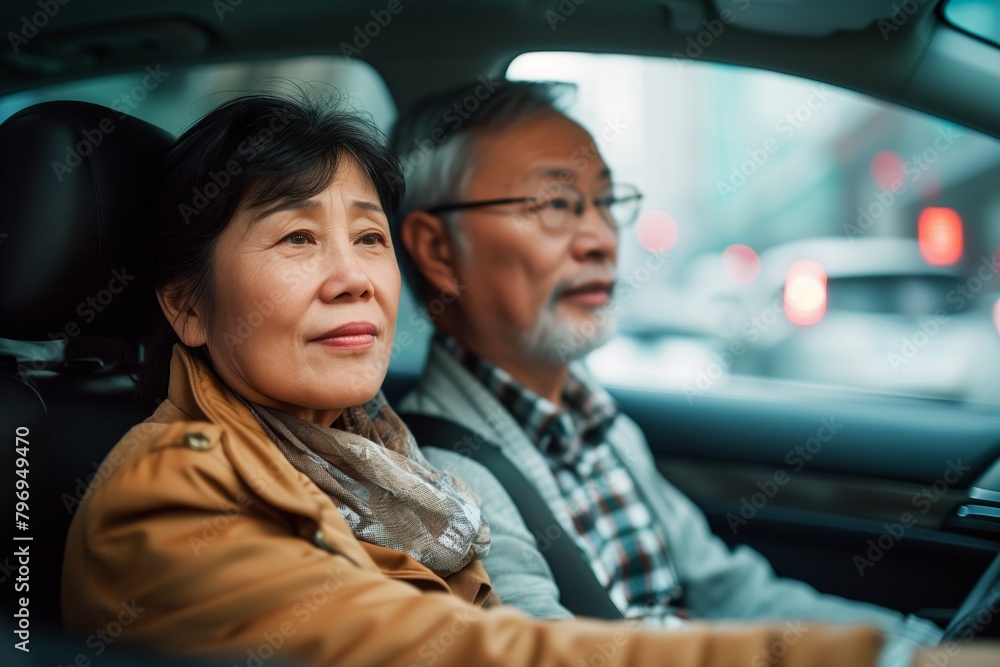 Senior couple enjoying a car ride together. Generative AI image Senior couple enjoying a car ride together. Generative AI image