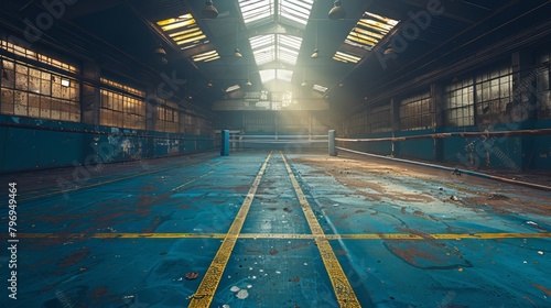 eerie silence of abandonment, an empty boxing ring sits neglected, its ropes sagging and canvas worn.