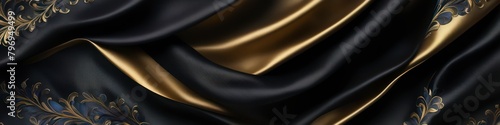 Black panoramic silk fabric background with blurred satin wavy texture, embellished with gold embroidery. 