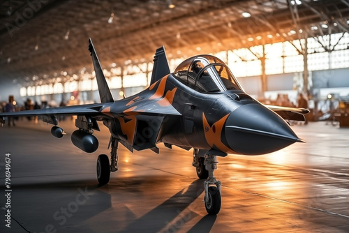 Military fighter jet in an airport hangar © ako-photography
