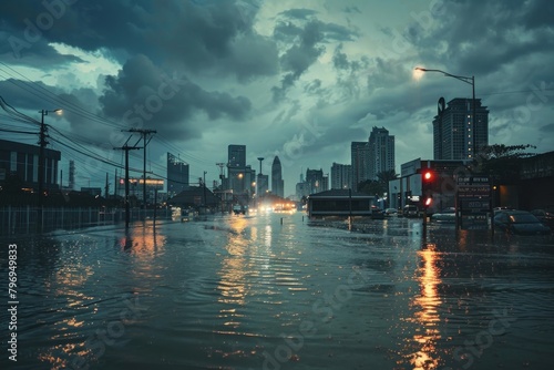 Flooded city roads at dusk with streetlights reflected on water, showcasing urban resilience. the extreme weather events linked to global warming