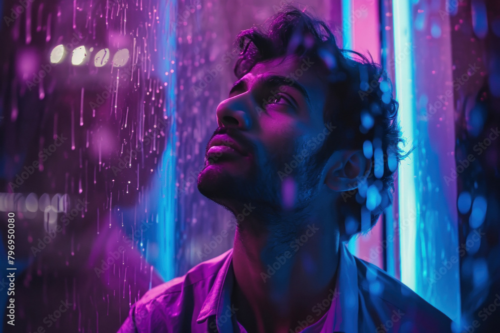 man in the purple and blue neon light