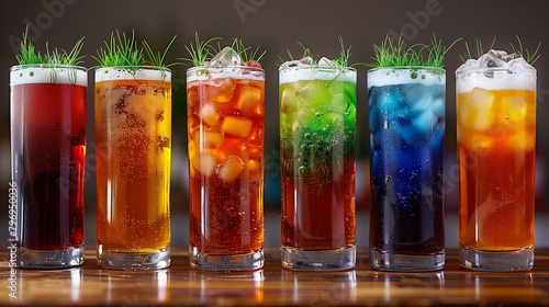 Colorful Icy Drinks with Grass Toppers on a Bar.