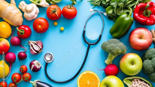 Flat lay composition of fresh vegetables and stethoscope on a blue background. Healthy diet and nutrition concept for design and banner