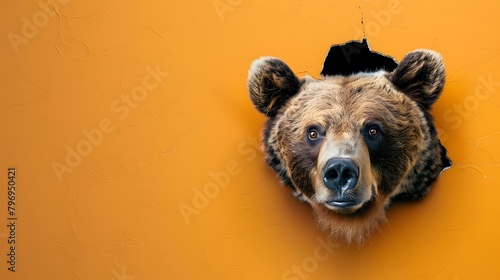 Banner with bear head peeking through a hole in a green paper wall.