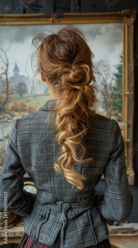 Woman With Long Hair Standing in Front of Painting