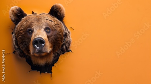 Banner with bear head peeking through a hole in a green paper wall. photo