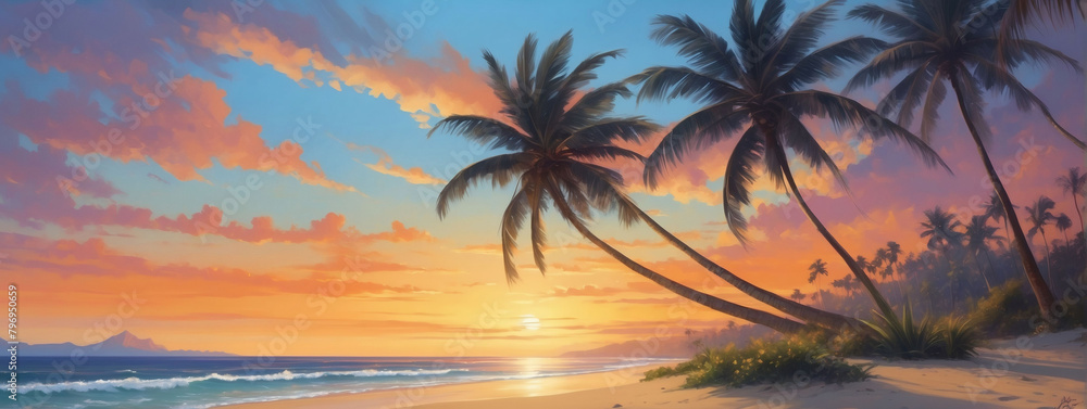 Coastal Sunset Dreams, Immerse Yourself in the Tranquil Beauty of a Sunset Beach Scene with Palm Trees Swaying in the Breeze.