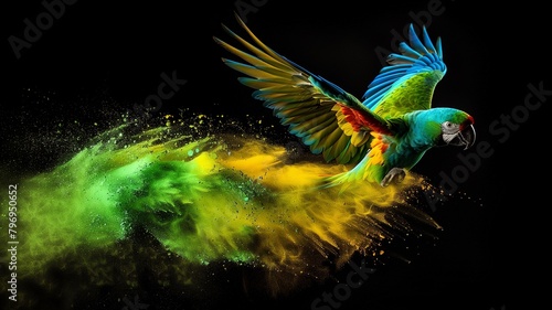 Flying multicolored Macaw parrot over colorful powder explosion on black background. Generative Ai photo